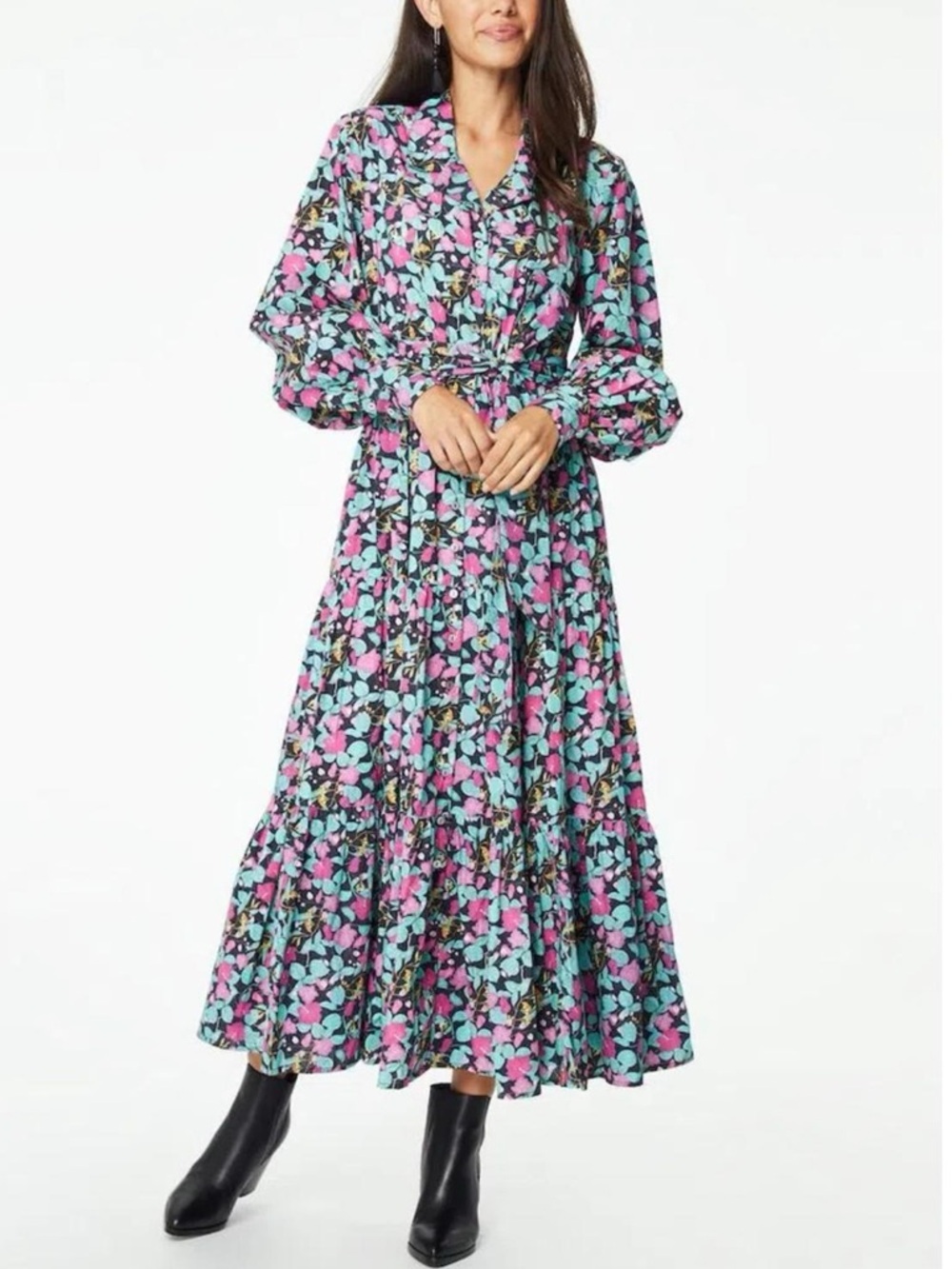Roller Rabbit Pink & Teal Floral Puff-Sleeve Manusa Sonora Poplin Maxi Dress